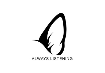 Black cat ear illustration with text always listening, isolated on white background