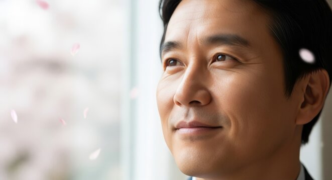 Asian businessman looking thoughtfully out window with cherry blossoms - Powered by Adobe
