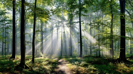 Fototapeta premium Sunlight streams through a dense forest, illuminating a tranquil woodland path with beams of light.