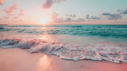 A tranquil beach scene at sunset, showcasing gentle waves lapping at a soft, pink-hued shore, with a vibrant teal ocean and a pastel sky, perfect for relaxation and serenity.