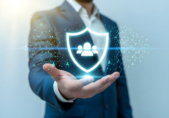 Employee protection security concept business man holding shield for team safety online data