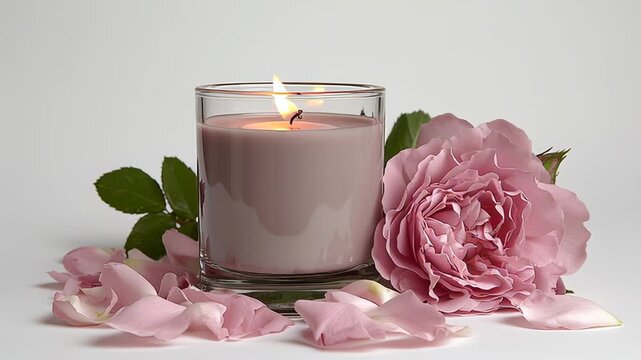 Elegant candle with soft pink wax, surrounded by delicate rose petals and lush green leaves, creating a serene atmosphere of relaxation and tranquility in a beautifully arranged setting