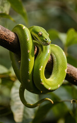 Fototapeta premium Vibrant Green Tree Python Coiled Gracefully on a Branch in a Tropical Forest, Captured in Ultra-Realistic Macro Detail