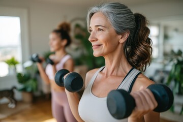 Fototapeta premium Women Actively Engaged in Strength Training with Dumbbells in the Comfort of Their Home