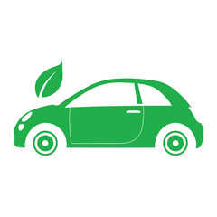 Green eco friendly car with leaf logo representing environmental sustainability and clean transportation methods