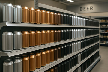 Obraz premium A well-organized shelf displays various beer cans in silver, bronze, and black colors. The word 'BEER' is visible above the shelf.
