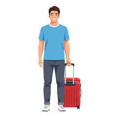 Young man with red suitcase