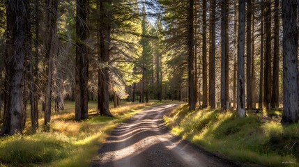 Fototapeta premium A sun-drenched forest path winds through tall trees, casting long shadows on the dusty ground.