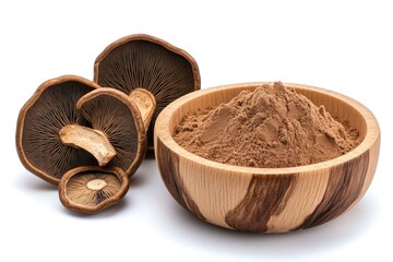 Fresh Mushrooms and Powdered Extract in Wooden Bowl on White Background