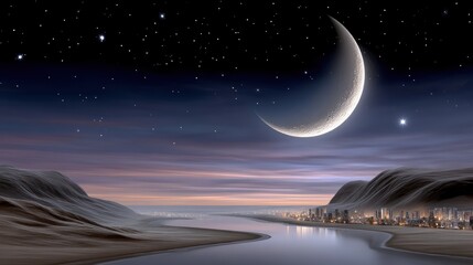 Crescent moon over a city by a river at night