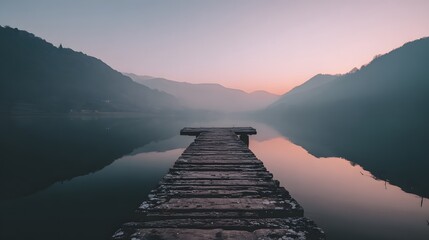A serene wooden dock extends into a tranquil lake, reflecting the soft, misty mountains on a calm morning.