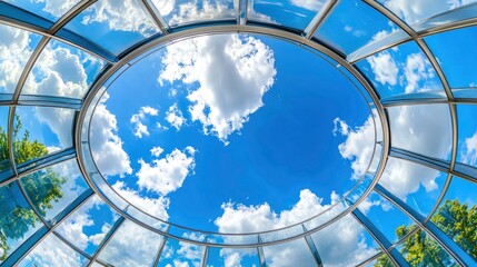 Looking Up Through Glass Dome at Fluffy Clouds and Blue Sky