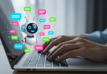 Ai chatbot assistant typing on laptop for customer service and automation technology concept