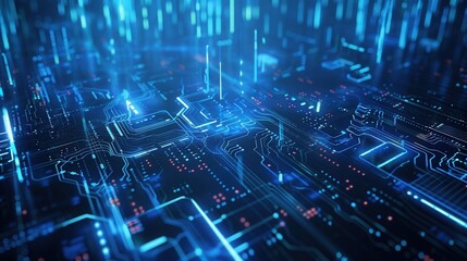 Blue circuit board vector illustration a futuristic digital technology background Glowing lines and data flow create abstract tech wallpaper for banners or posters