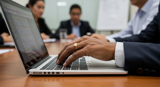 Hands typing on a laptop during a business meeting with people in background.