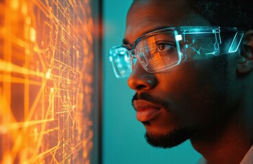Man wearing futuristic glasses interacts with holographic digital interface, examining glowing orange circuit board lines. Modern technology advances, science fiction concept, virtual reality