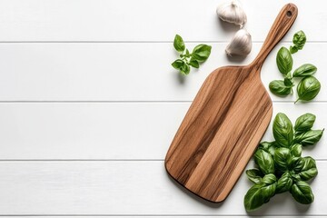 Rustic wooden cutting board with fresh basil and garlic on white planks