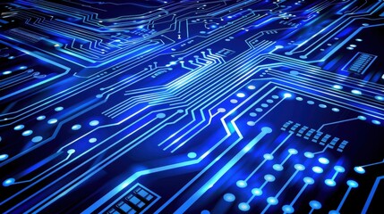 Dynamic blue circuit board vector illustration featuring glowing lines and components. Reflects advanced technology and digital data network concepts.