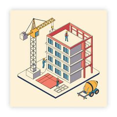 Isolated construction site with workers cartoon drawing, building house, art, construction house, construction site,