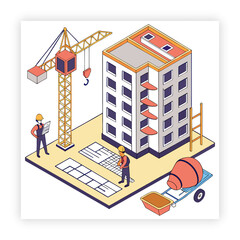 Isolated construction site with workers cartoon drawing, building house, art, construction house, construction site,