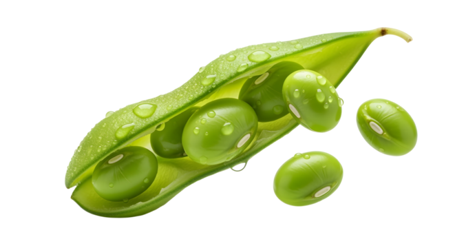Edamame beans popping out of their steamed, green pod in mid-air. The beans are vibrant green and perfectly round. High-detail , isolated on a transparent background.