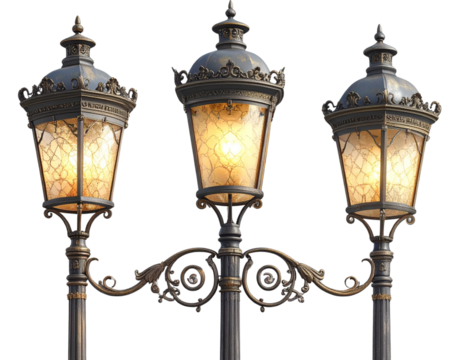 Collection of Ornate Vintage Street Lamp Posts with Decorative Ironwork, Isolated on Transparent Background