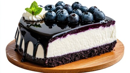 Blueberry Cheesecake Slice with Glossy Glaze and Mint Garnish on Wooden Board