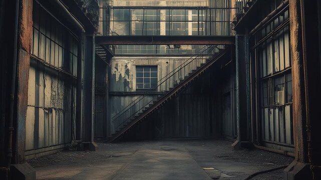 Abandoned industrial warehouse interior with rusty metal walls, weathered staircase, and empty concrete floor under moody atmospheric light