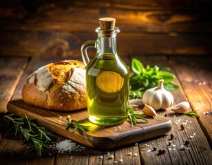 Rustic Still Life Olive Oil Crusty Bread Herbs and Spices on Wooden Board