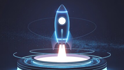 Futuristic Neon Rocket Launching into Space with Glowing Particles and a Digital Platform