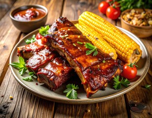 Delicious BBQ Pork Ribs with Corn on the Cob Summer Picnic Food