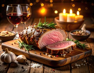 Delicious Roasted Meat Rosemary Spices Red Wine Festive Dinner