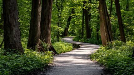 Fototapeta premium A winding path meanders through a lush, verdant forest, bathed in the sunlight.
