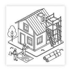 Isolated construction site with workers cartoon drawing, building house, art, construction house, construction site,