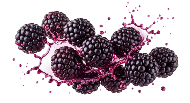 A handful of ripe blackberries colliding to create a deep purple juice splash. The drupelets of the berries are in sharp focus. High-speed, photorealistic , isolated on a transparent background.
