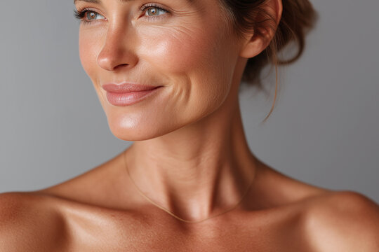 Close up of smiling woman with smooth skin and visible collarbone against gray background showing natural beauty and calm expression