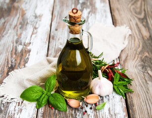 Gourmet Olive Oil Bottle with Fresh Herbs and Spices on Rustic Wooden Table