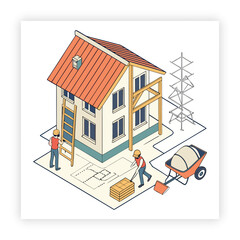 Isolated construction site with workers cartoon drawing, building house, art, construction house, construction site,