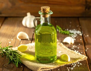 Fresh Green Olive Oil in Glass Bottle with Garlic and Rosemary on Rustic Wooden Table