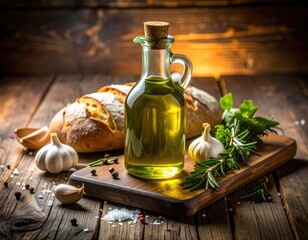 Gourmet Olive Oil Bottle with Rustic Bread Garlic and Herbs on Wooden Table
