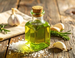Gourmet Green Olive Oil in Glass Bottle with Herbs Garlic and Salt on Rustic Wood