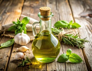 Gourmet Olive Oil in Glass Bottle with Fresh Herbs and Garlic on Rustic Wood