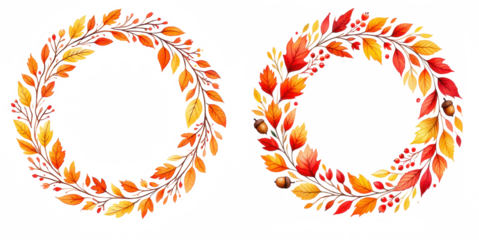 Set of watercolor-style Thanksgiving wreaths. Isolated on a transparent background. PNG.