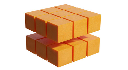Perfectly cut cubes of bright orange pumpkin, levitating in a neat, geometric arrangement. The texture of the pumpkin flesh is visible. Photorealistic  with warm lighting on a transparent background.
