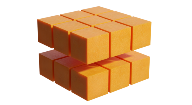 Perfectly cut cubes of bright orange pumpkin, levitating in a neat, geometric arrangement. The texture of the pumpkin flesh is visible. Photorealistic with warm lighting on a transparent background.