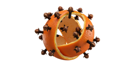 Several whole cloves studded into a piece of orange peel, levitating in the air. The composition is aromatic and festive. Macro  with warm, moody lighting, isolated on a transparent background.
