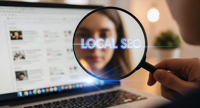 Local SEO Optimization with Magnifying Glass Inspecting Search Results on Laptop