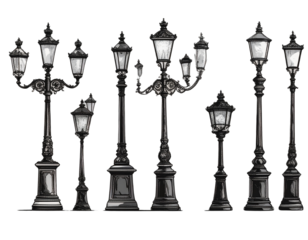 Victorian-Era Street Lamp Post Collection in Minimalist Silhouette Style, Isolated