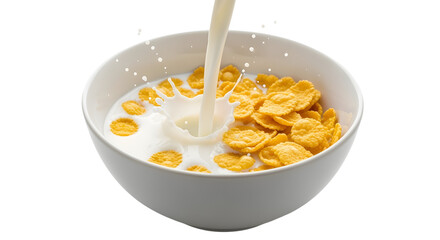A stream of white milk being poured into a bowl of corn flakes, creating a small splash. The scene is dynamic and suggests a fresh start. High-speed, photorealistic  on a transparent background.