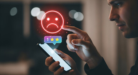 Negative Review Alert with One Star Rating and Sad Hologram Face on Smartphone at Night